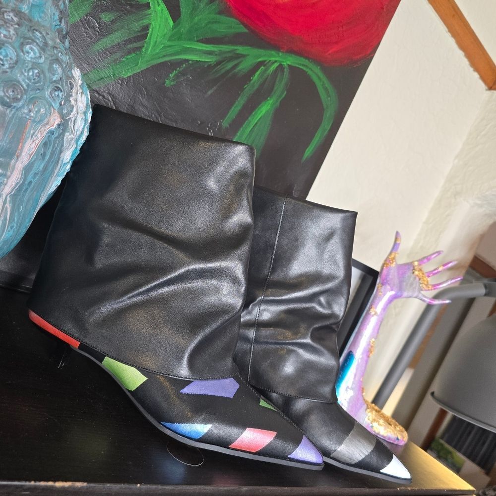 HANDCRAFTED Upcycled Abstract Ankle Boots HANDPAINTED Kitten Heel Slouch Booties